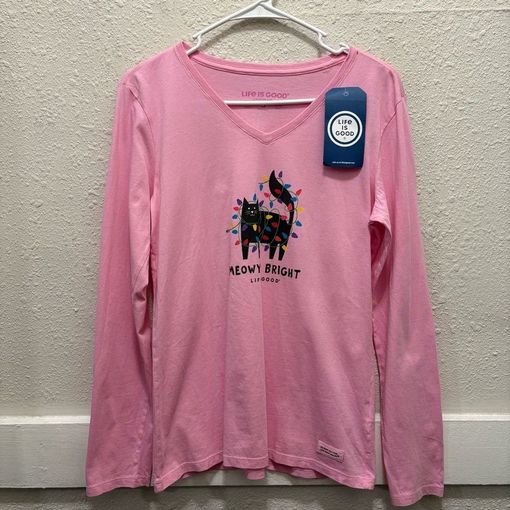 Life is Good Crusher Lite Christmas "Meowy Bright" Cat Long Sleeve Top Small